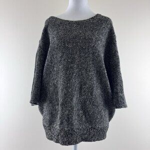 Free People Black Marled Knit 3/4 Sleeve Drop Shoulder Crop Sweater V Cut Back S